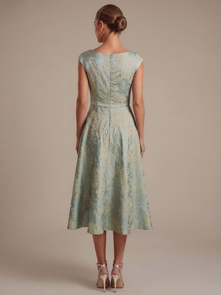 robe midi ¨¦vas¨¦e ¨¤ manches courtes imprim¨¦e avec col rond et fermeture ¨¦clair au dos #Couleur_Bleu ciel/Or