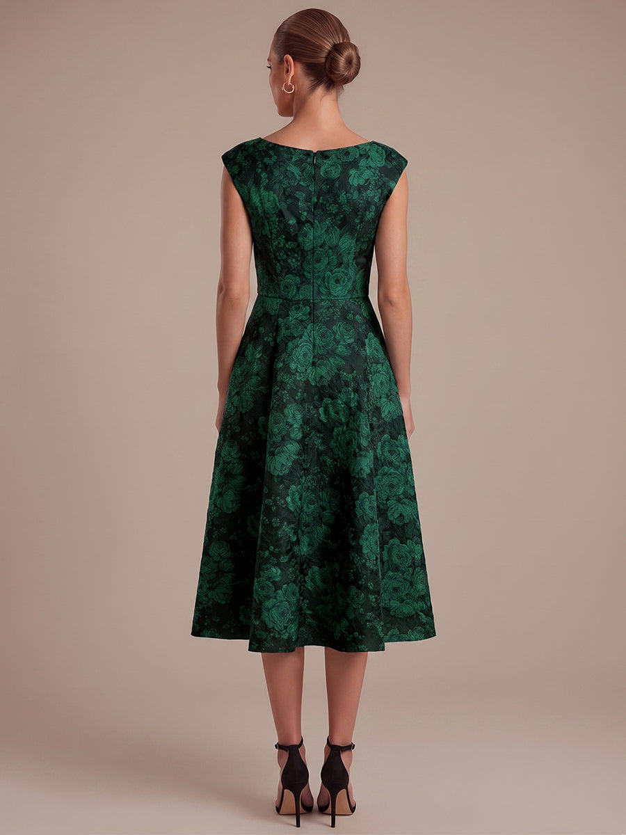 robe midi ¨¦vas¨¦e ¨¤ manches courtes imprim¨¦e avec col rond et fermeture ¨¦clair au dos #Couleur_Vert foncé/Noir