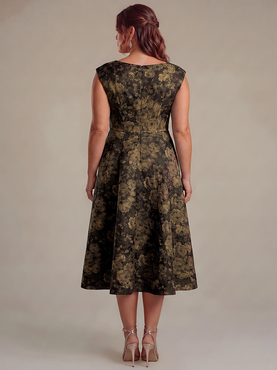 robe midi ¨¦vas¨¦e ¨¤ manches courtes imprim¨¦e avec col rond et fermeture ¨¦clair au dos #Couleur_Noir/Or