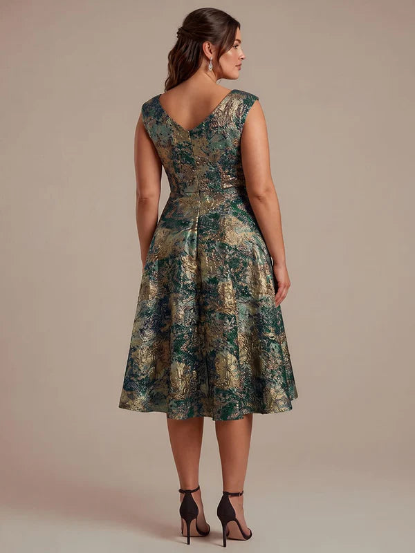 robe midi sans ¨¦lasticit¨¦ ¨¤ manches courtes en V avec fermeture ¨¦clair au dos #Couleur_Vert foncé/Or