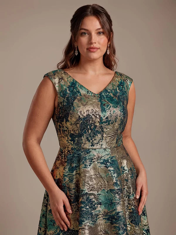 robe midi sans ¨¦lasticit¨¦ ¨¤ manches courtes en V avec fermeture ¨¦clair au dos #Couleur_Vert foncé/Or