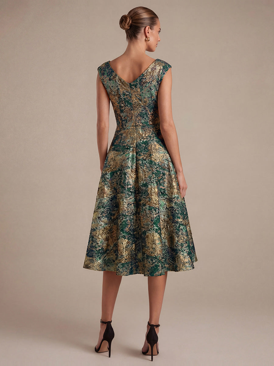 robe midi sans ¨¦lasticit¨¦ ¨¤ manches courtes en V avec fermeture ¨¦clair au dos #Couleur_Vert foncé/Or