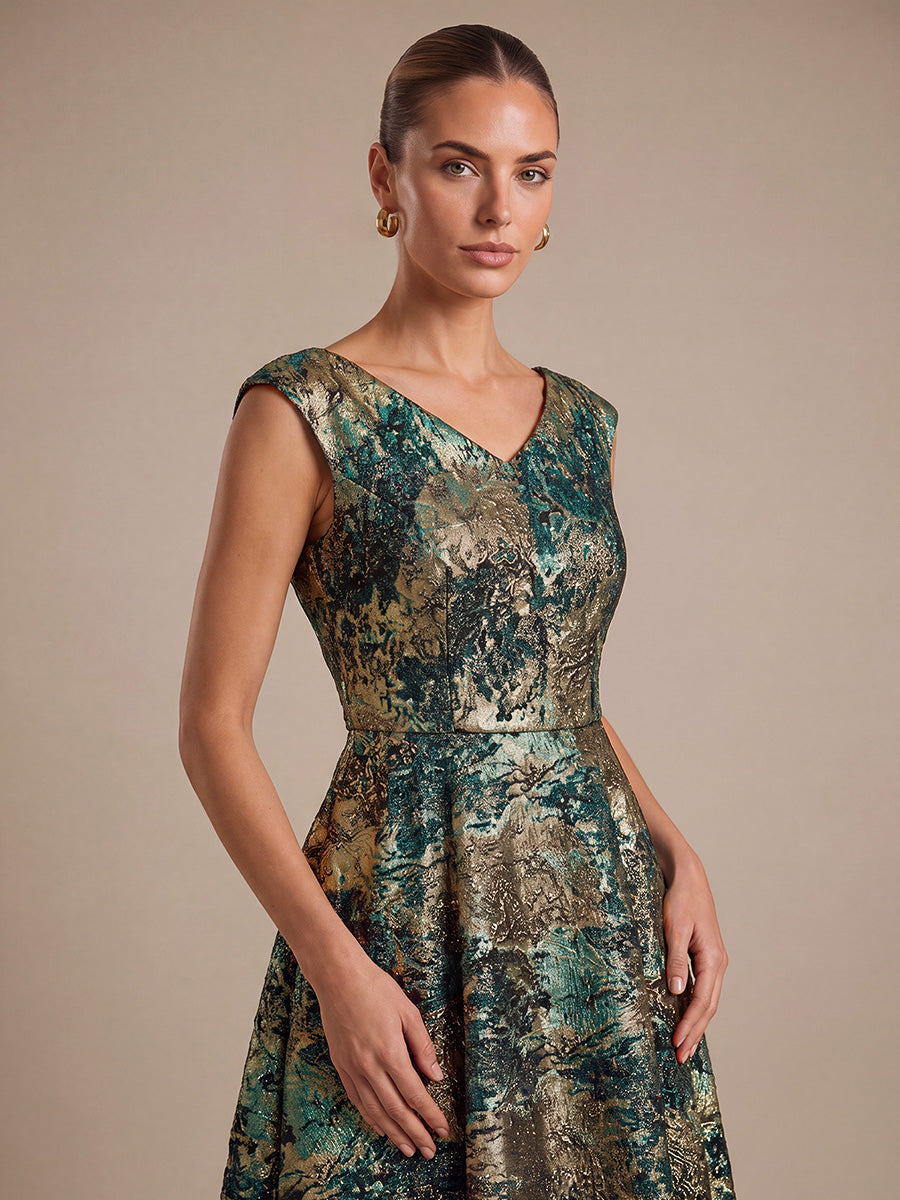 robe midi sans ¨¦lasticit¨¦ ¨¤ manches courtes en V avec fermeture ¨¦clair au dos #Couleur_Vert foncé/Or