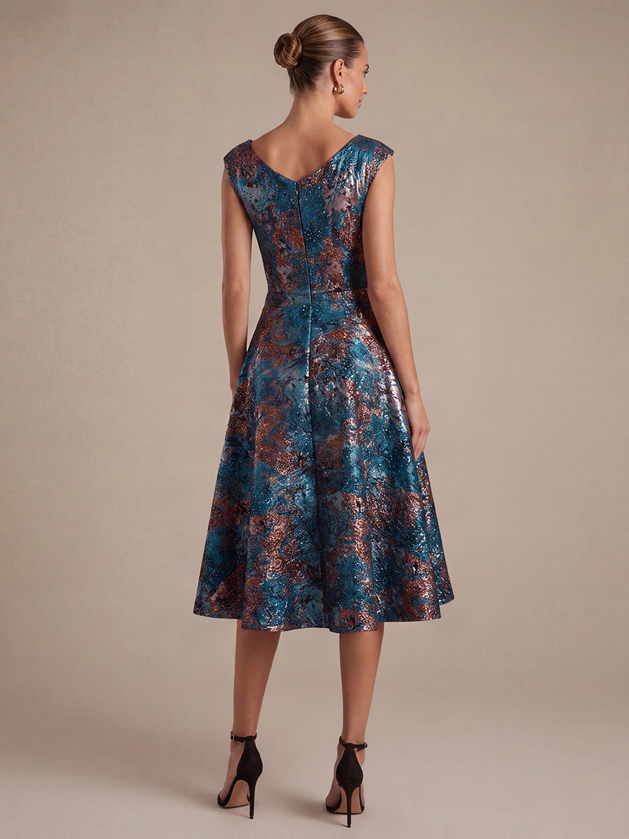 robe midi sans ¨¦lasticit¨¦ ¨¤ manches courtes en V avec fermeture ¨¦clair au dos #Couleur_Bleu roi/Or