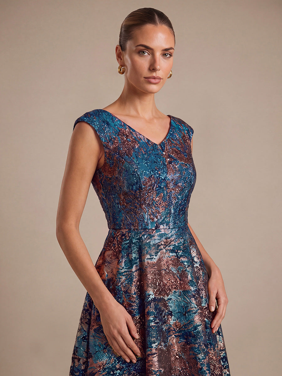 robe midi sans ¨¦lasticit¨¦ ¨¤ manches courtes en V avec fermeture ¨¦clair au dos #Couleur_Bleu roi/Or