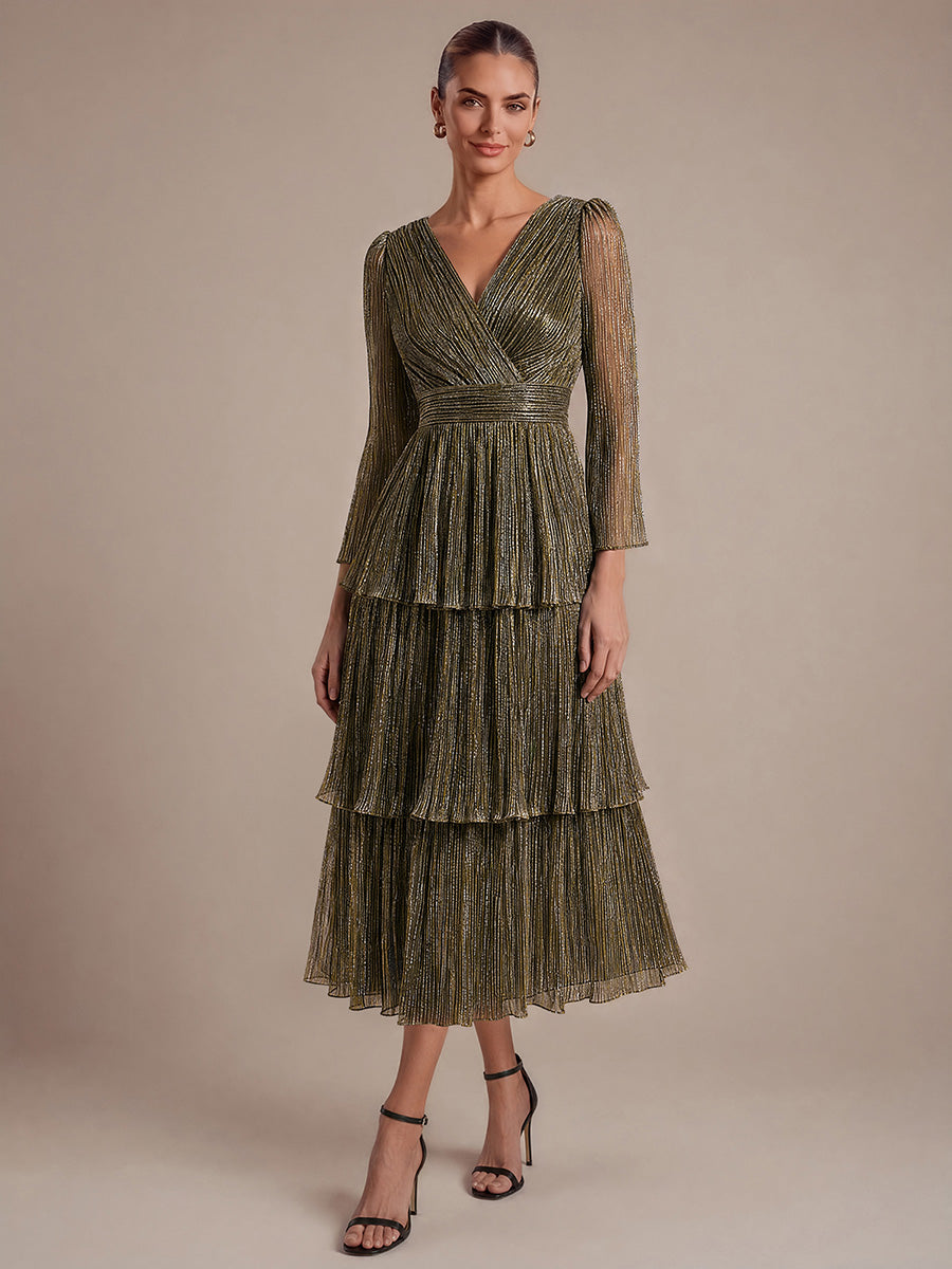Robe maxi ¨¤ manches longues en tulle avec d¨¦collet¨¦ en V et volants coupe A #Couleur_Or métallique