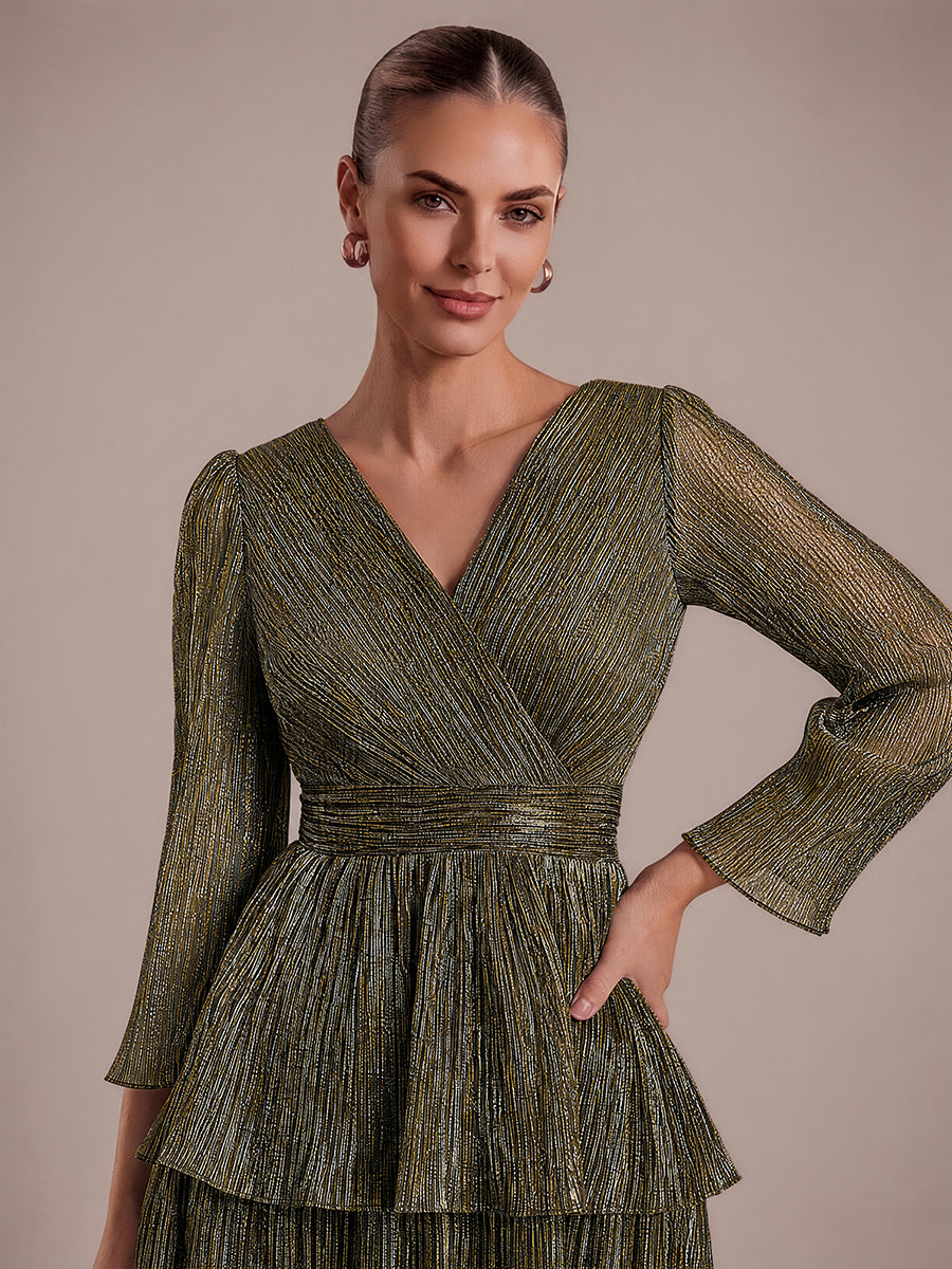 Robe maxi ¨¤ manches longues en tulle avec d¨¦collet¨¦ en V et volants coupe A #Couleur_Or métallique