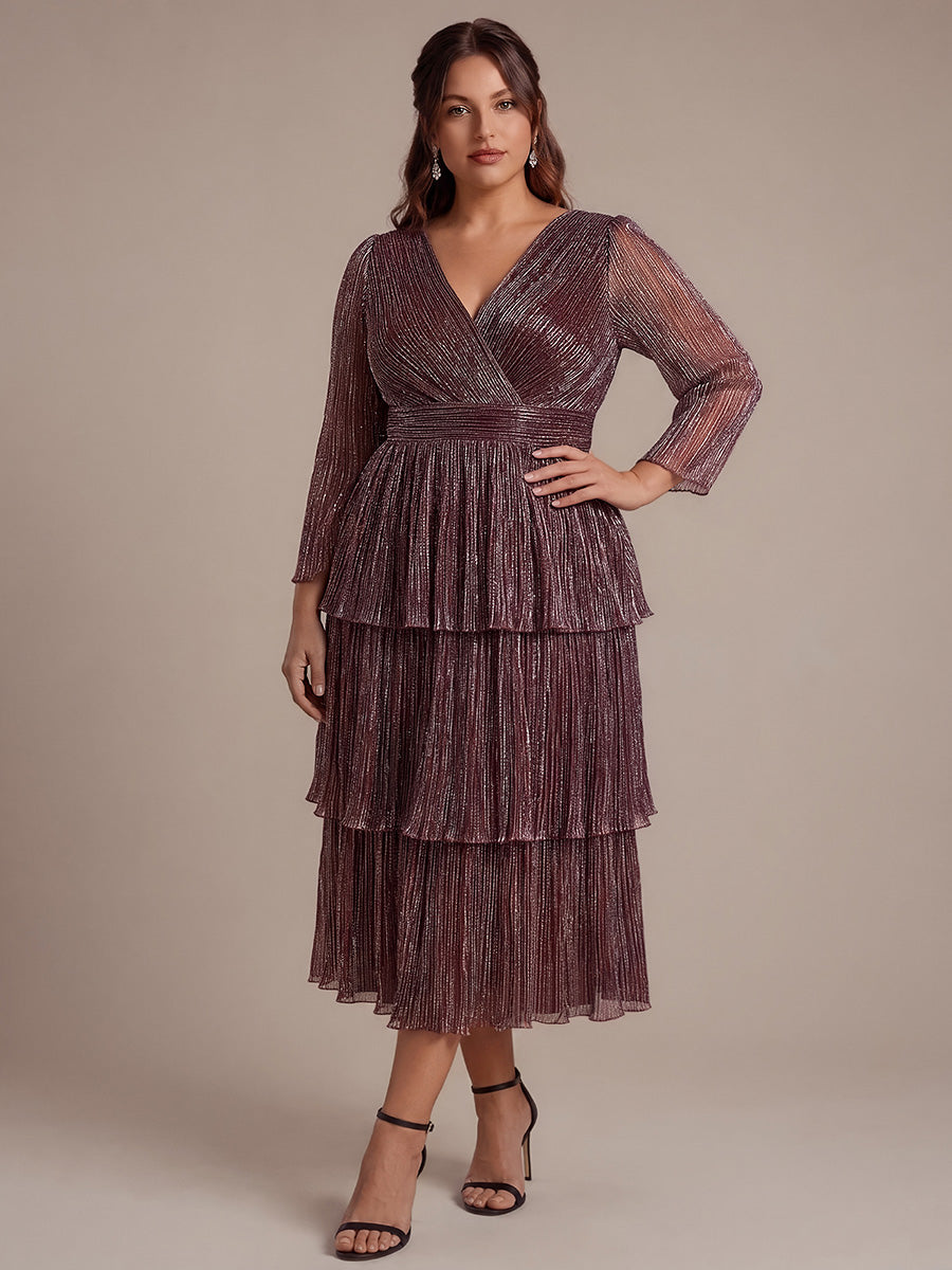 Robe maxi ¨¤ manches longues en tulle avec d¨¦collet¨¦ en V et volants coupe A #Couleur_Brun Acajou