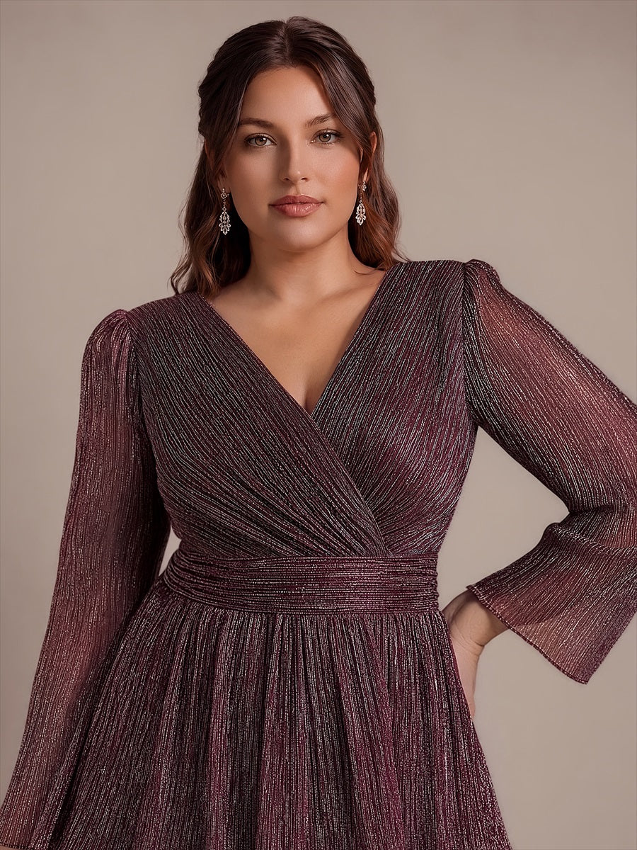 Robe maxi ¨¤ manches longues en tulle avec d¨¦collet¨¦ en V et volants coupe A #Couleur_Brun Acajou
