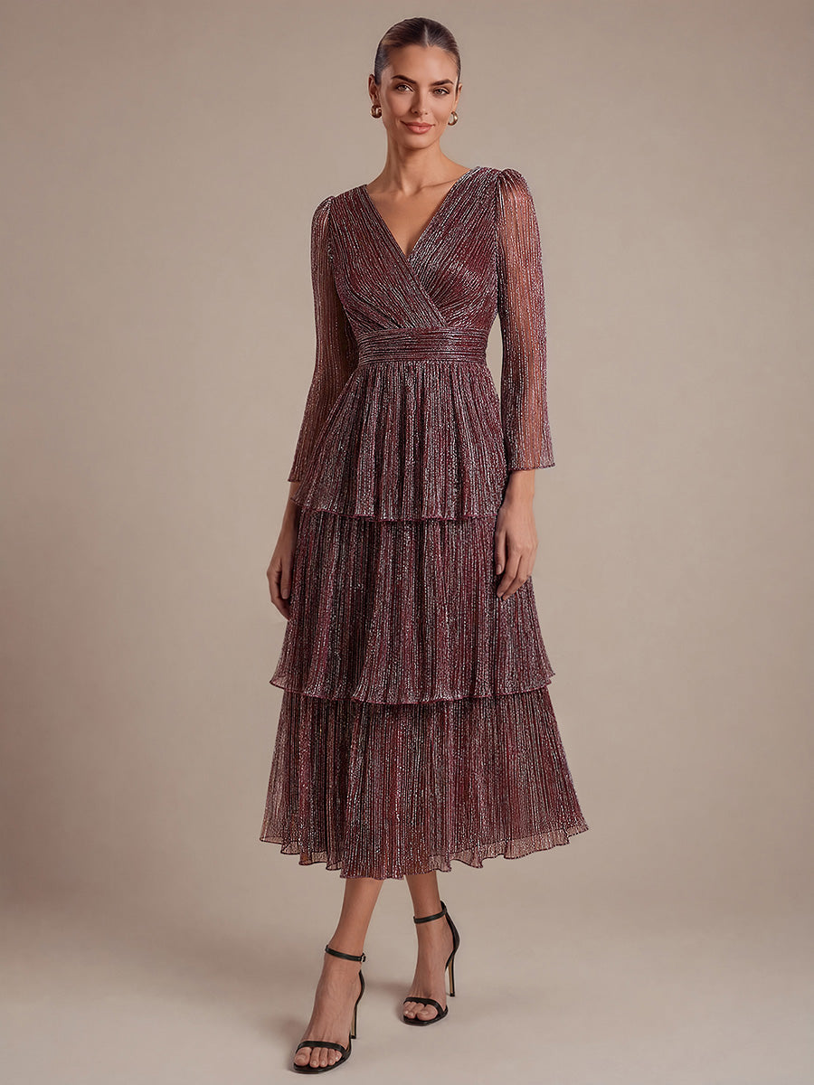 Robe maxi ¨¤ manches longues en tulle avec d¨¦collet¨¦ en V et volants coupe A #Couleur_Brun Acajou