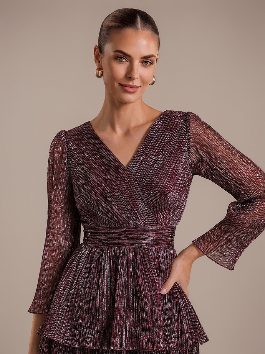 Robe maxi ¨¤ manches longues en tulle avec d¨¦collet¨¦ en V et volants coupe A #Couleur_Brun Acajou