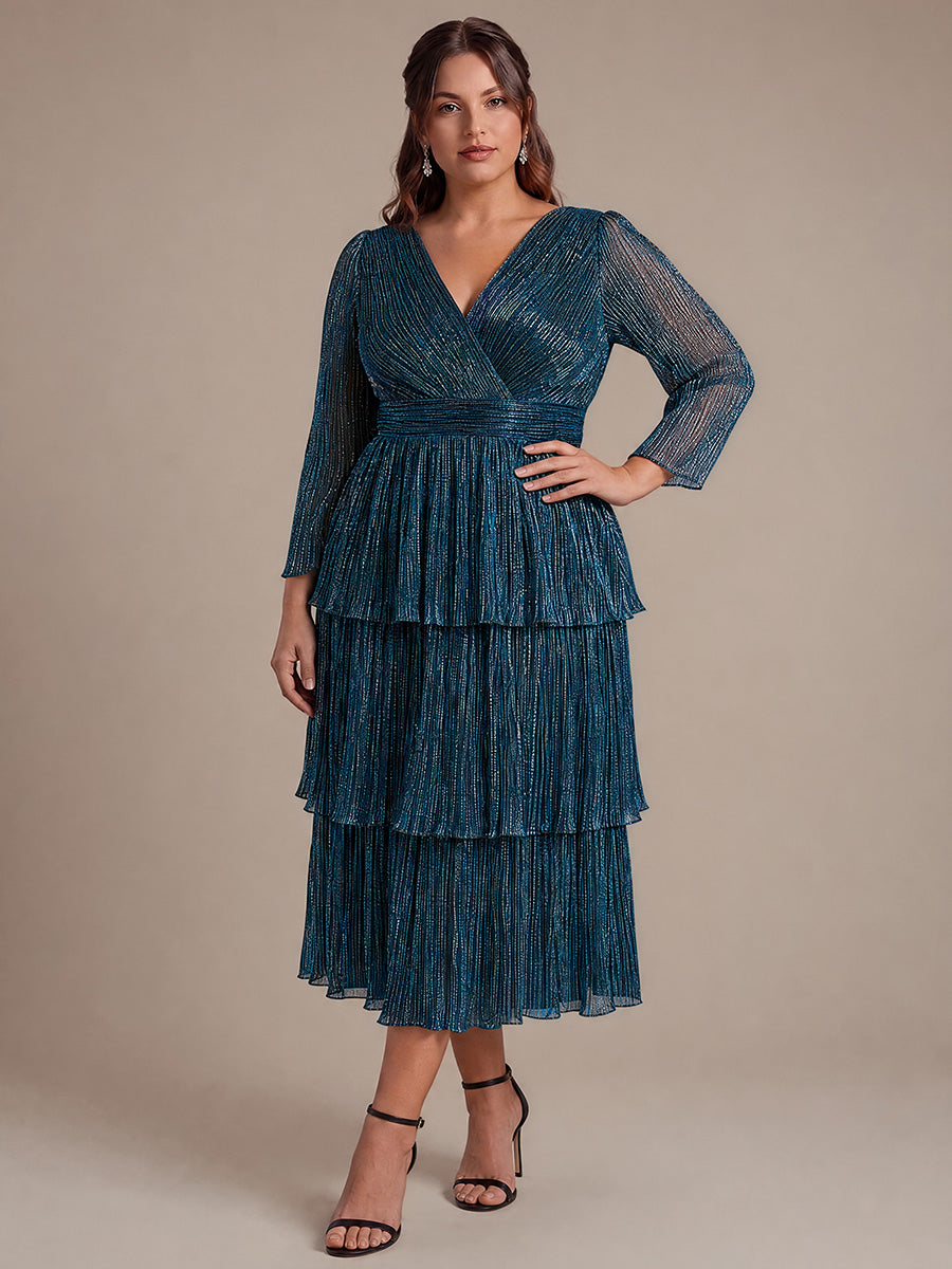 Robe maxi ¨¤ manches longues en tulle avec d¨¦collet¨¦ en V et volants coupe A #Couleur_Bleu Sarcelle