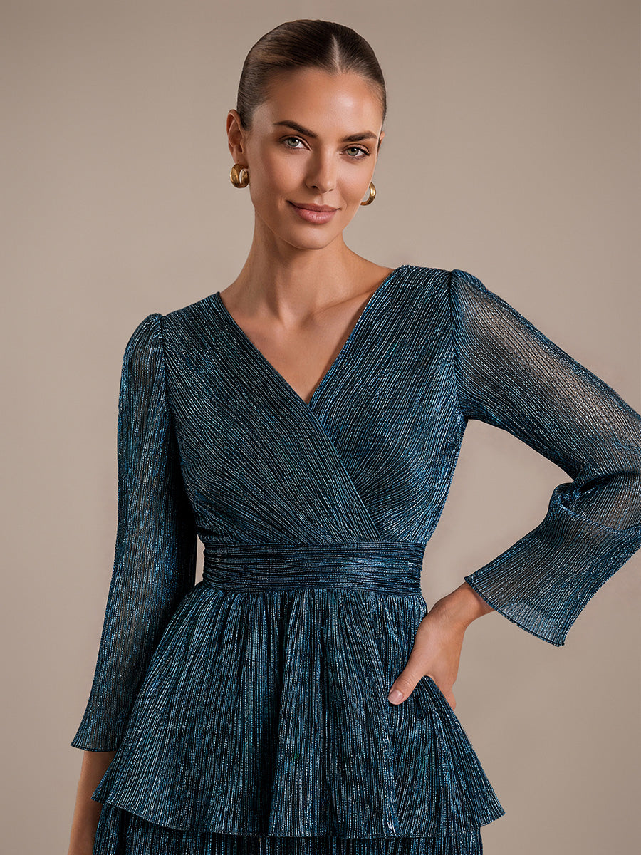 Robe maxi ¨¤ manches longues en tulle avec d¨¦collet¨¦ en V et volants coupe A #Couleur_Bleu Sarcelle