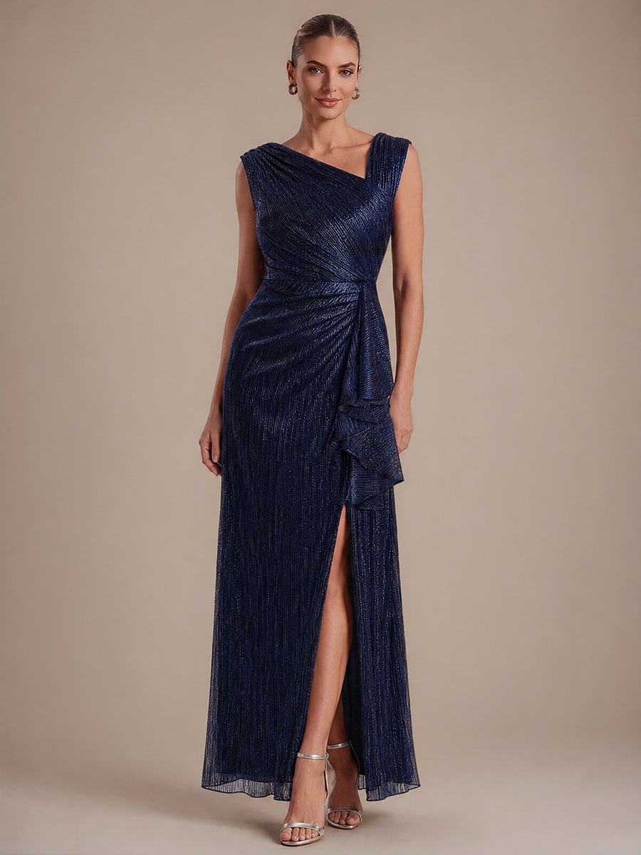 Robe maxi sans manches ¨¤ encolure asym¨¦trique avec fente lat¨¦rale et tissu extensible #Couleur_Bleu Marine