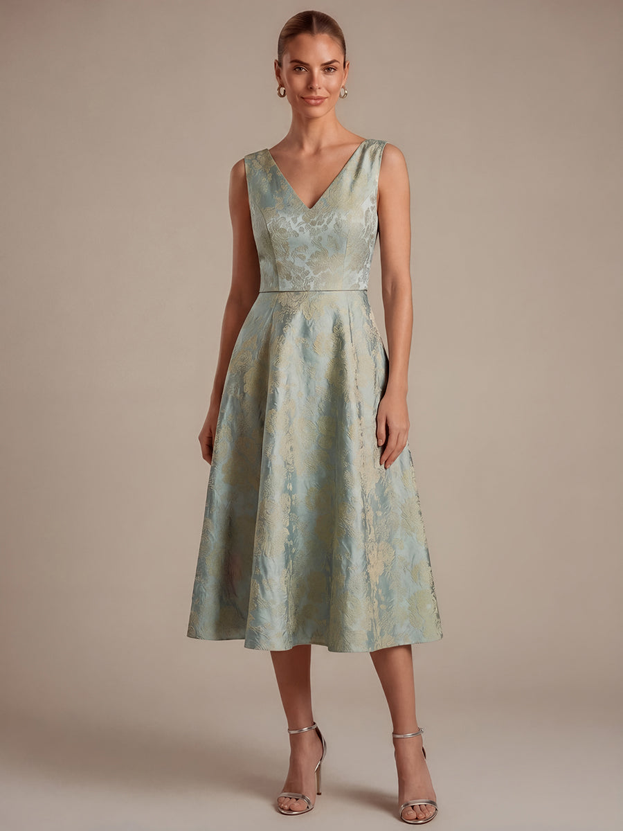Robe midi A ligne sans manches d¨¦collet¨¦e en V avec d¨¦tails imprim¨¦s #Couleur_Bleu ciel/Or