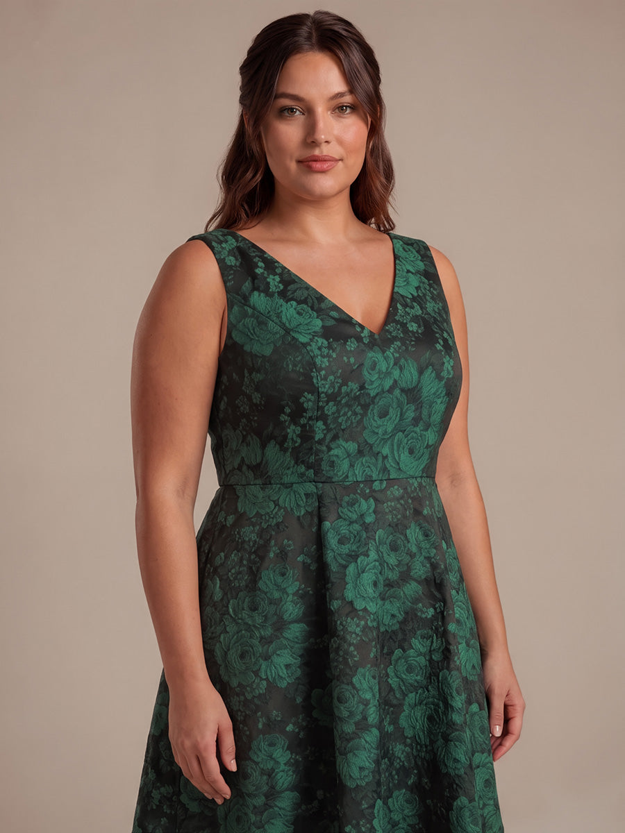 Robe midi A ligne sans manches d¨¦collet¨¦e en V avec d¨¦tails imprim¨¦s #Couleur_Vert foncé/Noir