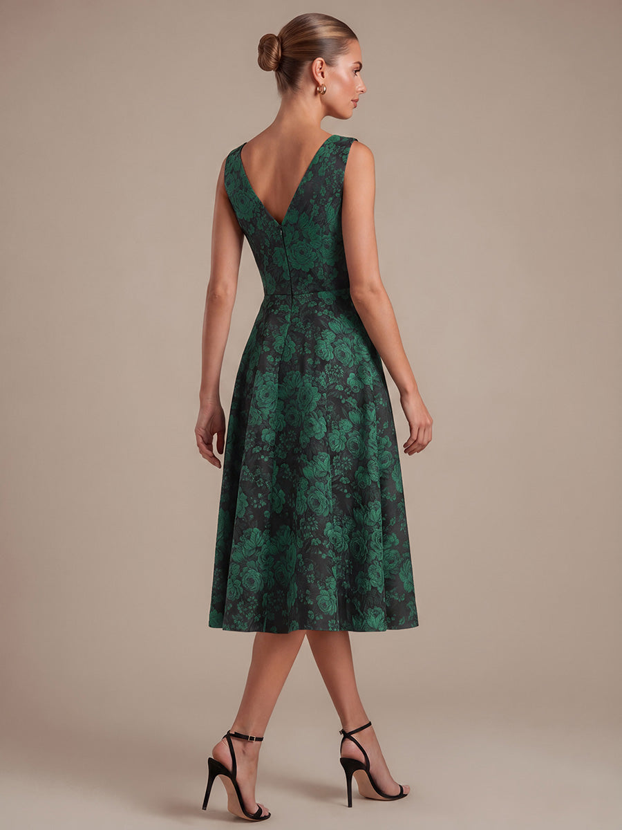 Robe midi A ligne sans manches d¨¦collet¨¦e en V avec d¨¦tails imprim¨¦s #Couleur_Vert foncé/Noir