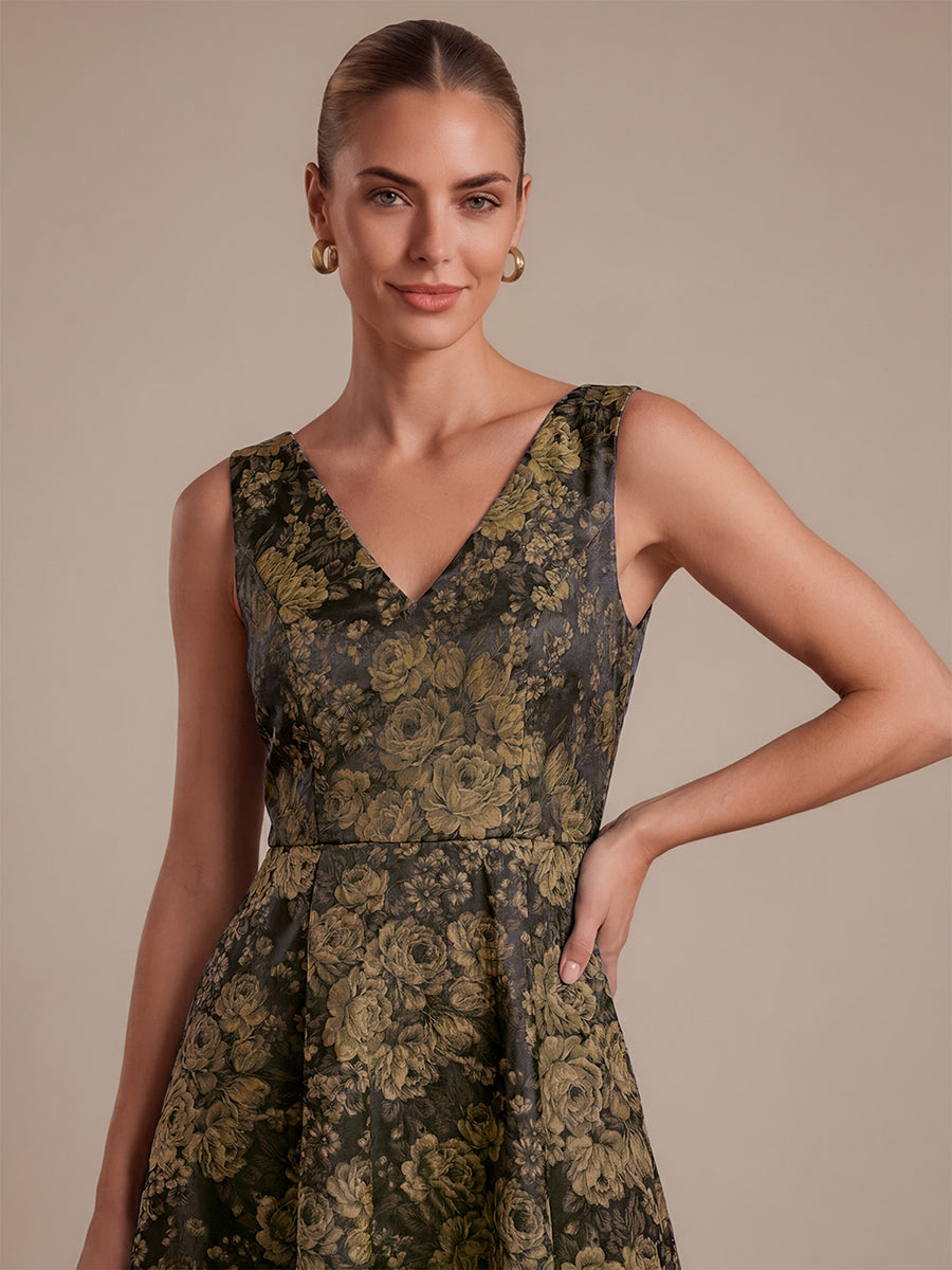 Robe midi A ligne sans manches d¨¦collet¨¦e en V avec d¨¦tails imprim¨¦s #Couleur_Noir/Or