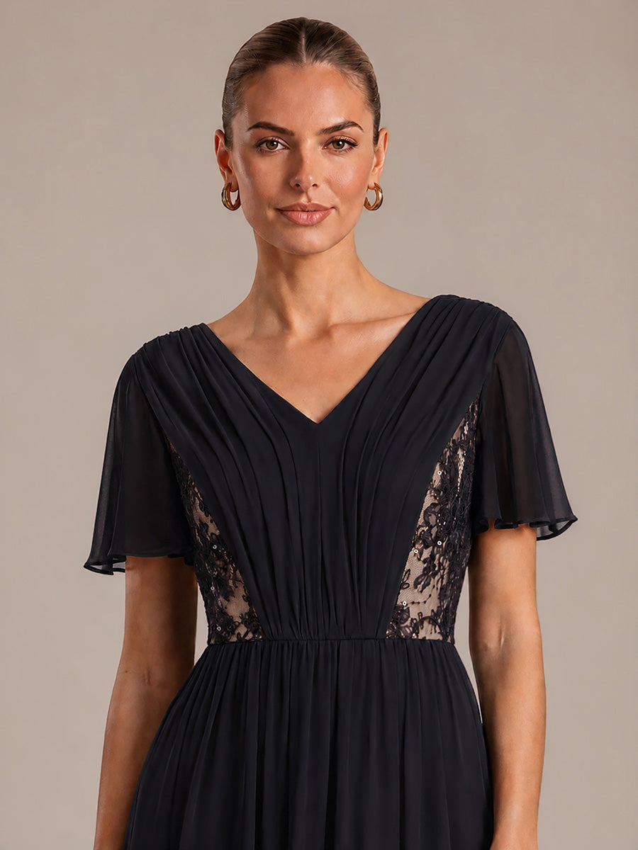 Robe midi A ligne plissée à manches courtes en V avec volants #Couleur_Noir