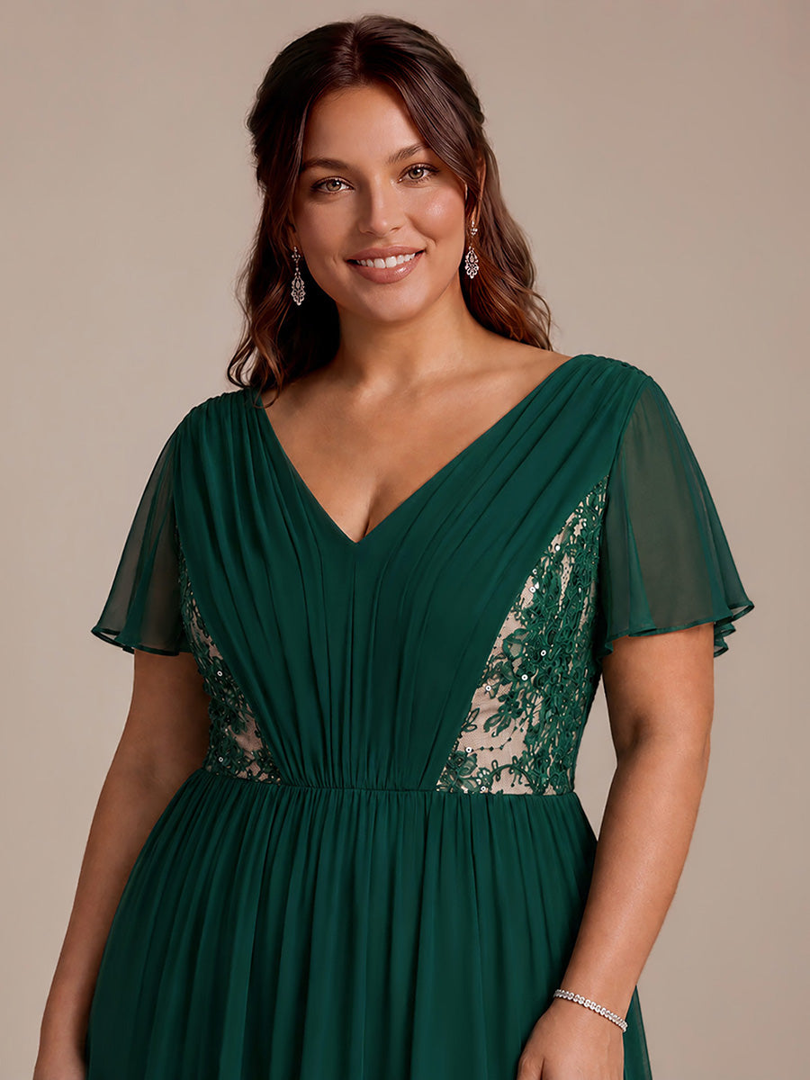 Robe midi A ligne plissée à manches courtes en V avec volants #Couleur_Vert Fonce
