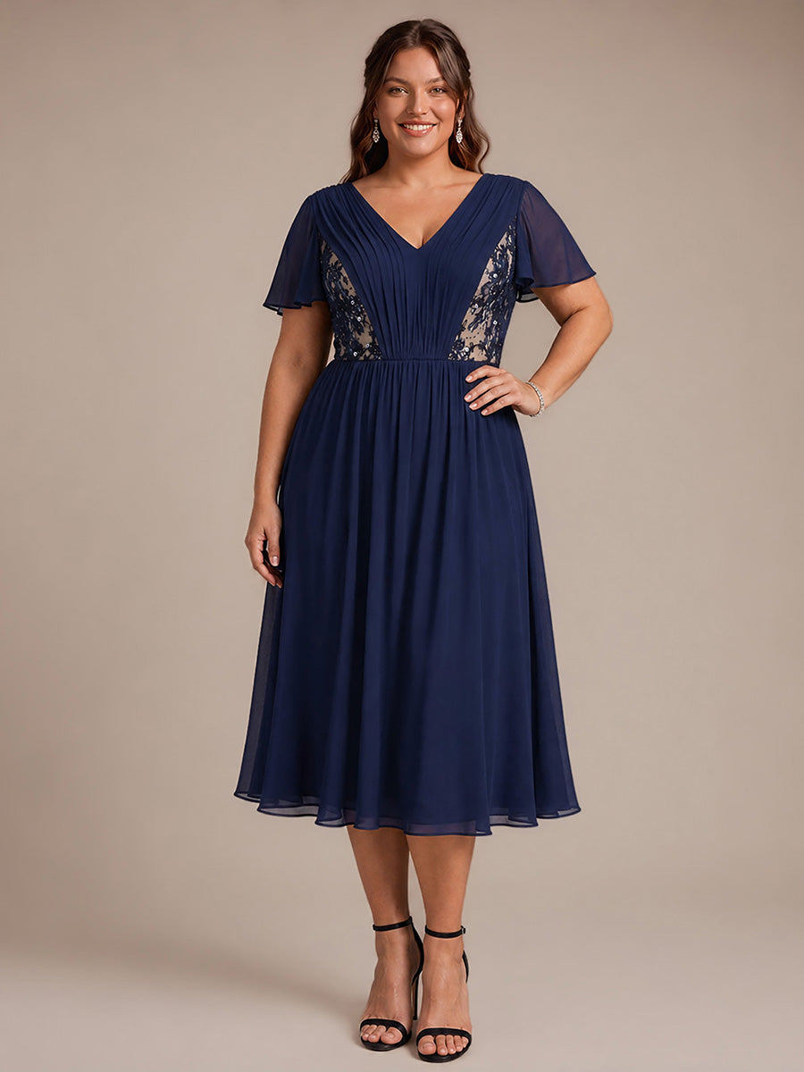 Robe midi A ligne plissée à manches courtes en V avec volants #Couleur_Bleu Marine