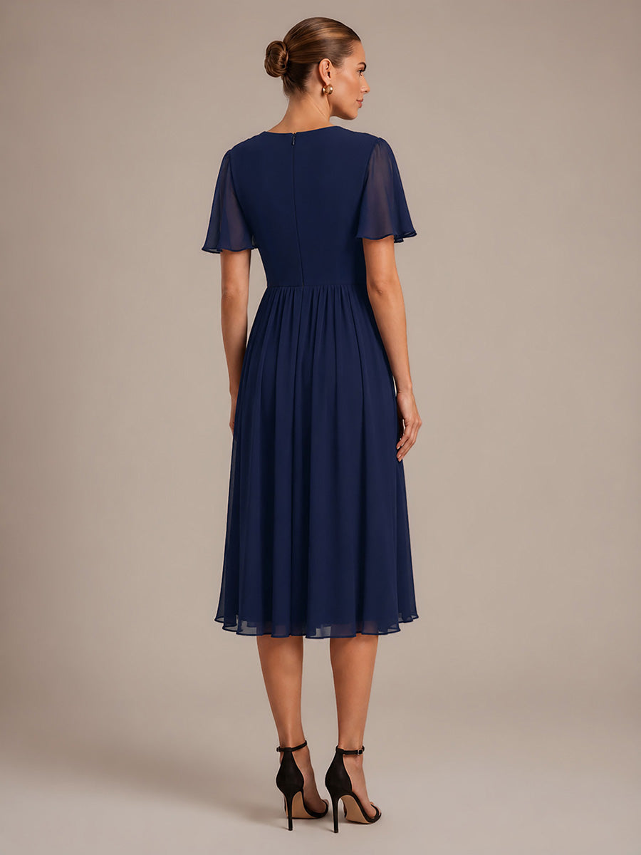Robe midi A ligne plissée à manches courtes en V avec volants #Couleur_Bleu Marine