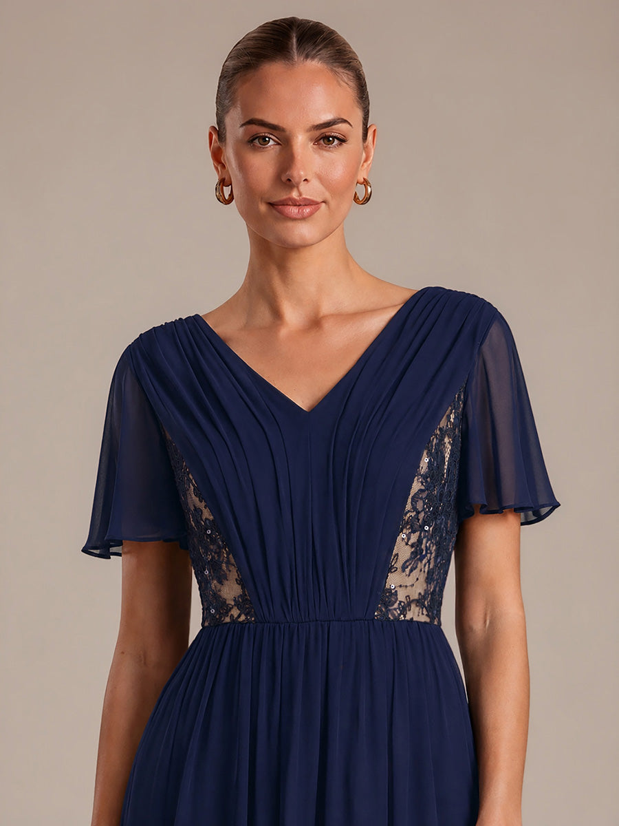 Robe midi A ligne plissée à manches courtes en V avec volants #Couleur_Bleu Marine