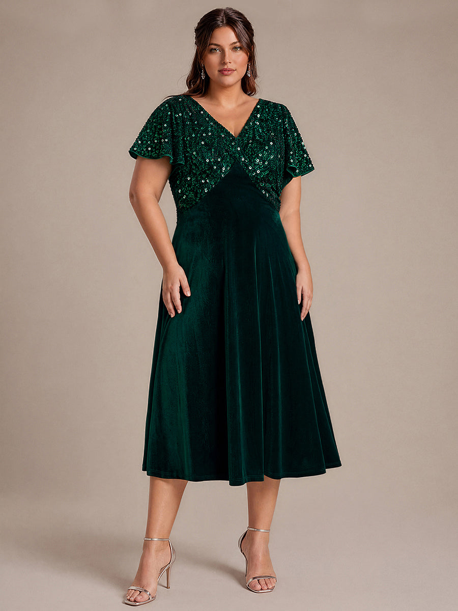 Robe mi-longue en A avec manches courtes décolleté en V et sequins #Couleur_Vert Fonce