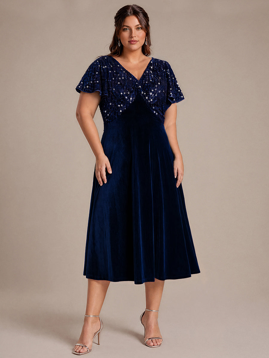 Robe mi-longue en A avec manches courtes décolleté en V et sequins #Couleur_Bleu Marine