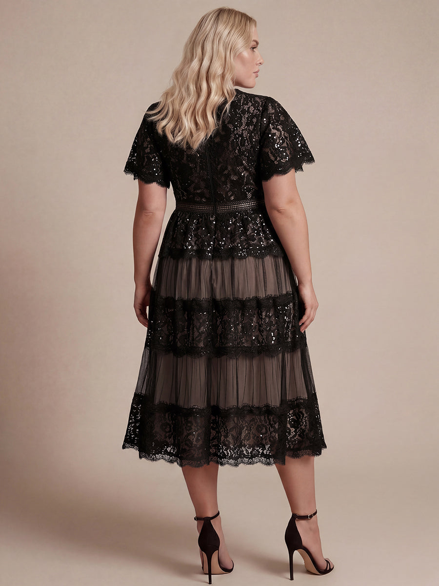 Robe en tulle A-line longueur thé à manches courtes décolleté en V avec sequins #Couleur_Noir