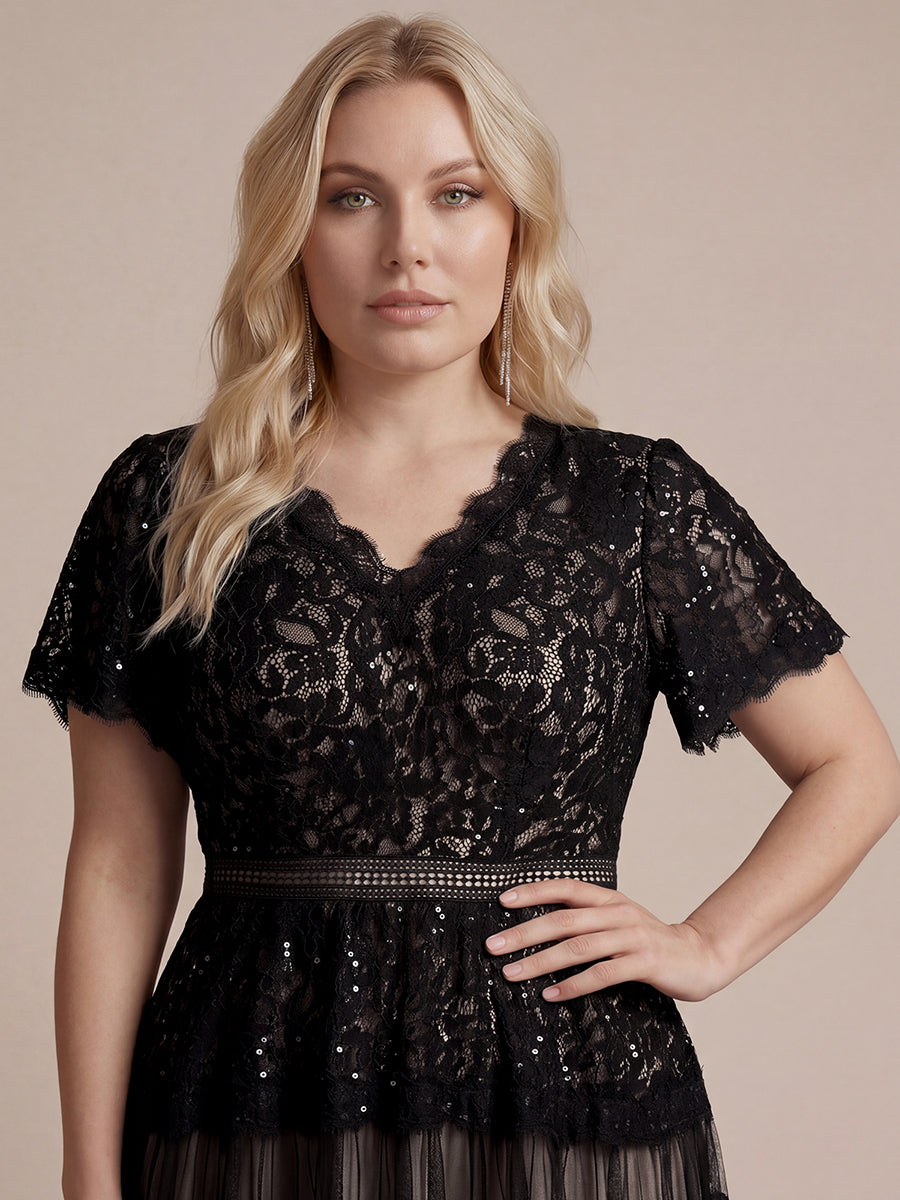 Robe en tulle A-line longueur thé à manches courtes décolleté en V avec sequins #Couleur_Noir