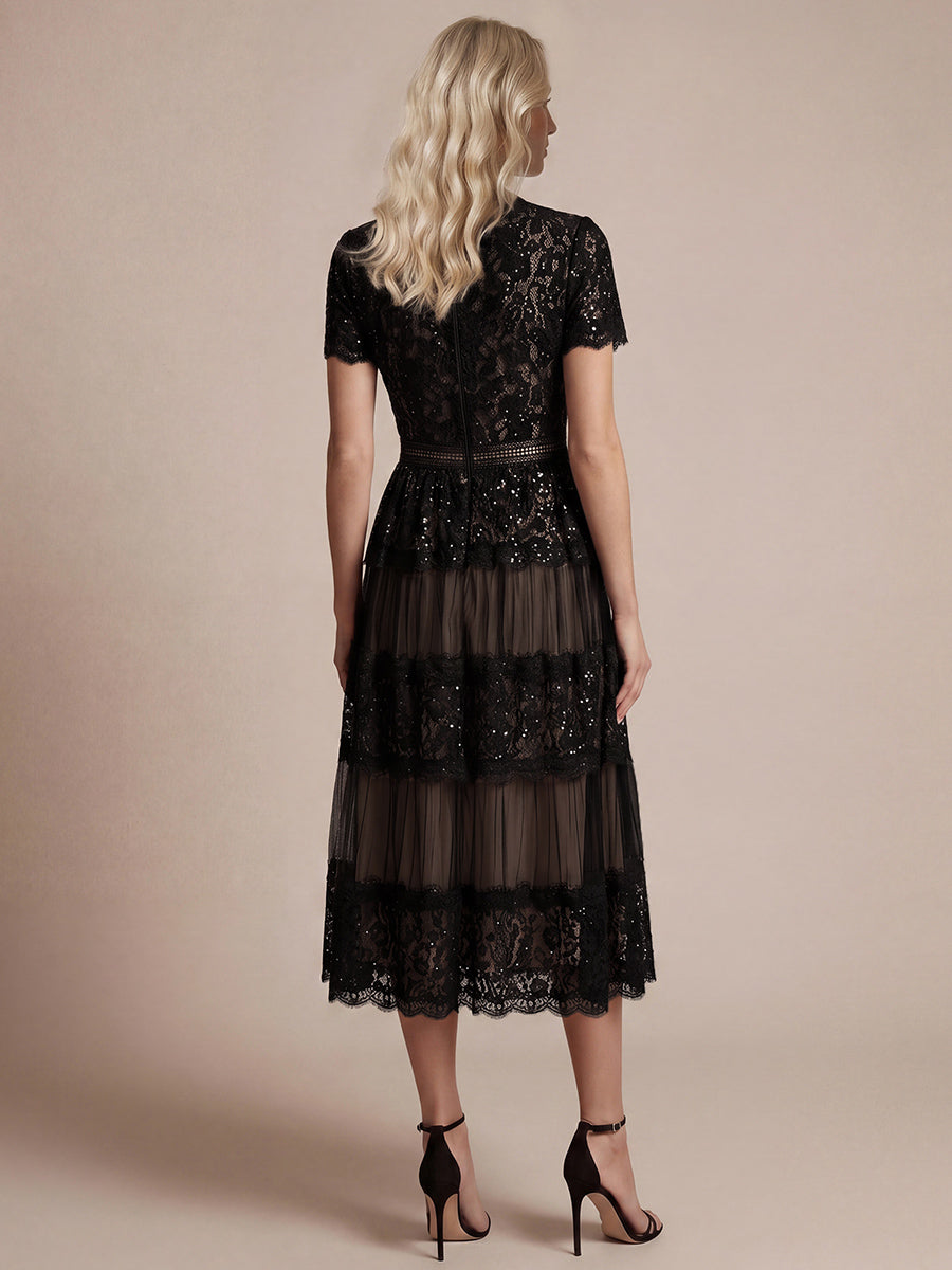 Robe en tulle A-line longueur thé à manches courtes décolleté en V avec sequins #Couleur_Noir