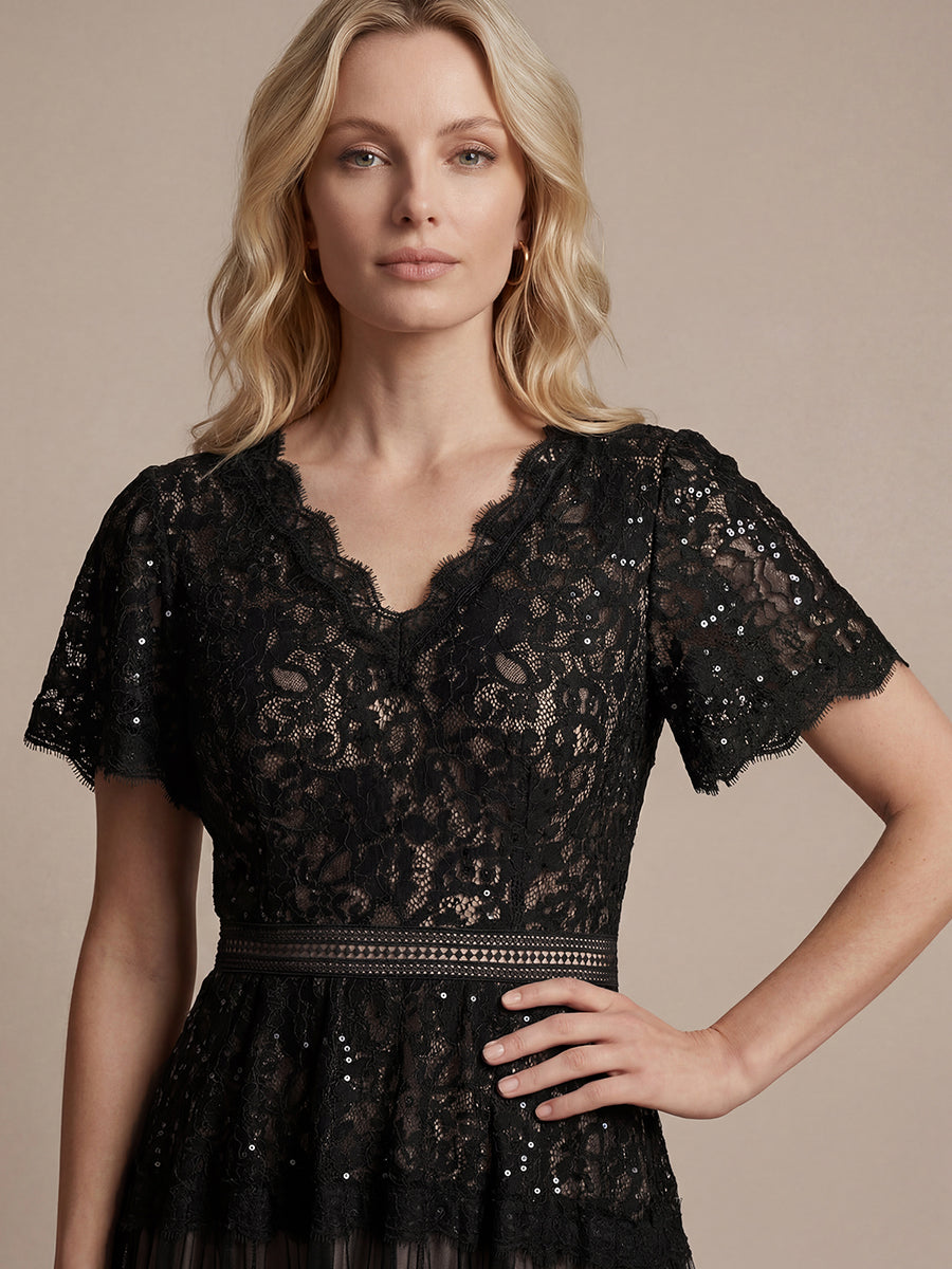 Robe en tulle A-line longueur thé à manches courtes décolleté en V avec sequins #Couleur_Noir