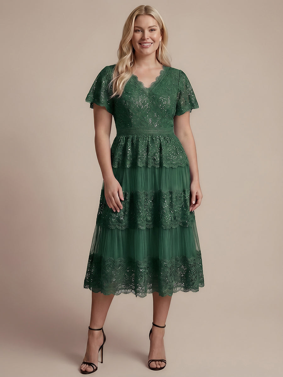 Robe en tulle A-line longueur thé à manches courtes décolleté en V avec sequins #Couleur_Vert Fonce