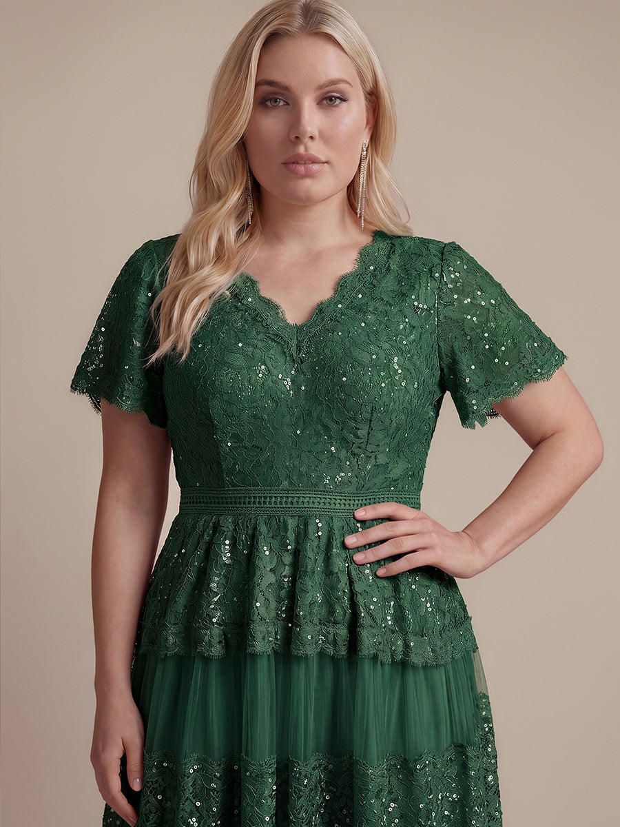 Robe en tulle A-line longueur thé à manches courtes décolleté en V avec sequins #Couleur_Vert Fonce