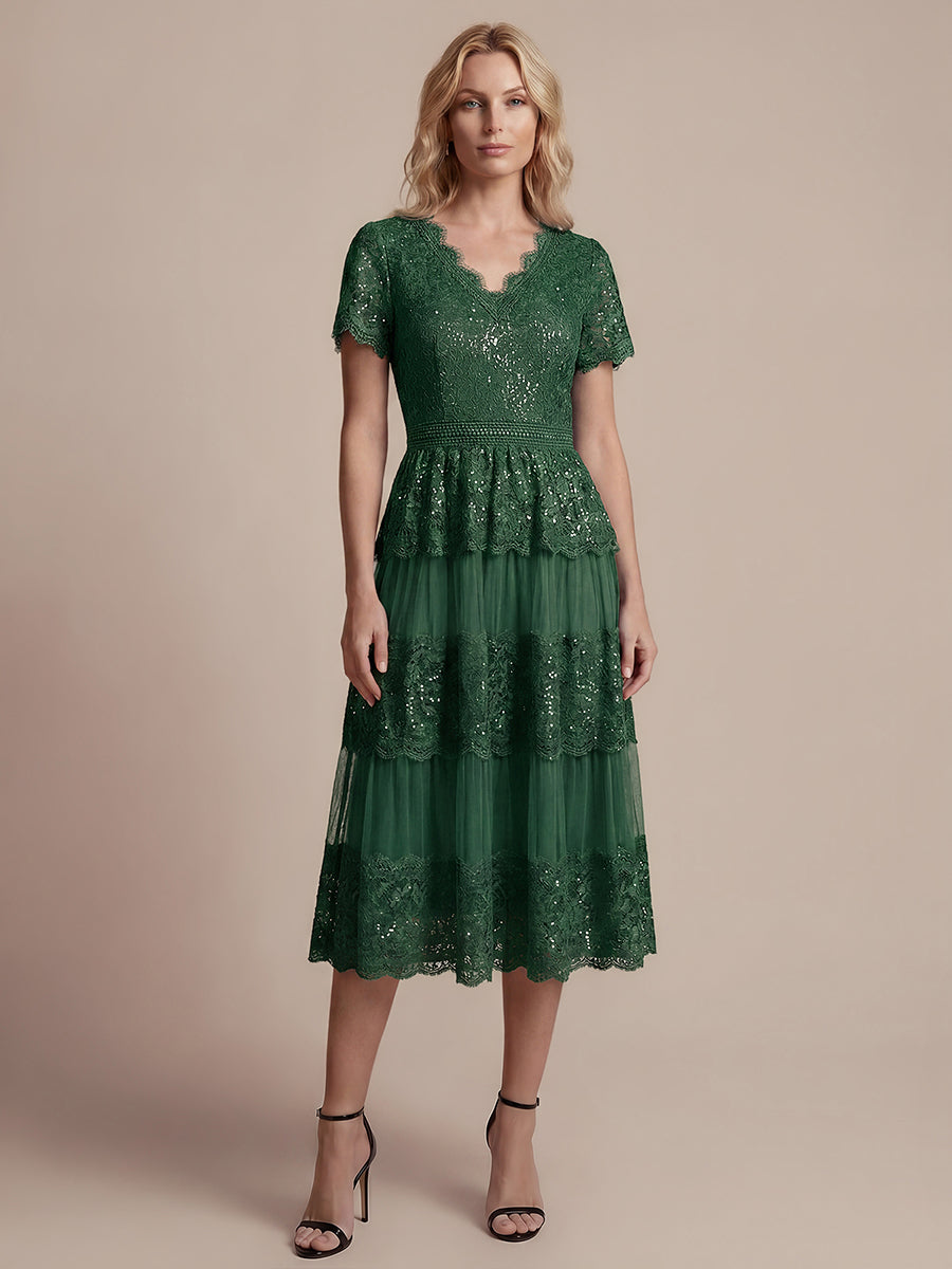 Robe en tulle A-line longueur thé à manches courtes décolleté en V avec sequins #Couleur_Vert Fonce