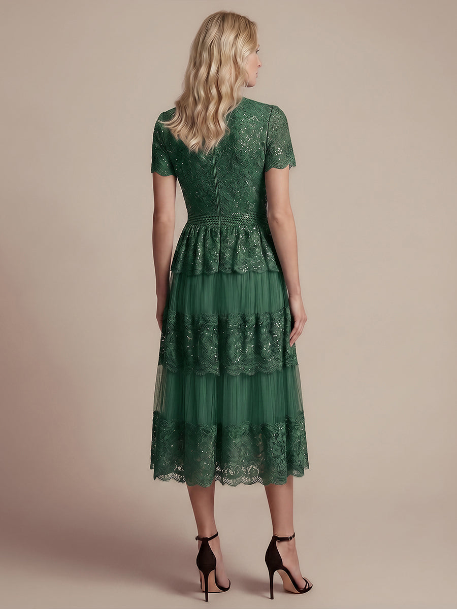 Robe en tulle A-line longueur thé à manches courtes décolleté en V avec sequins #Couleur_Vert Fonce