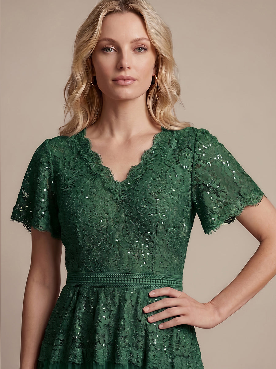 Robe en tulle A-line longueur thé à manches courtes décolleté en V avec sequins #Couleur_Vert Fonce