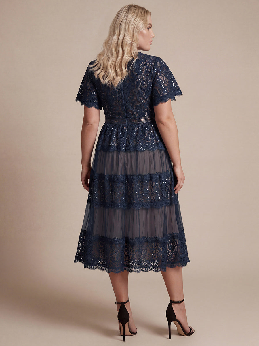 Robe en tulle A-line longueur thé à manches courtes décolleté en V avec sequins #Couleur_Bleu Marine