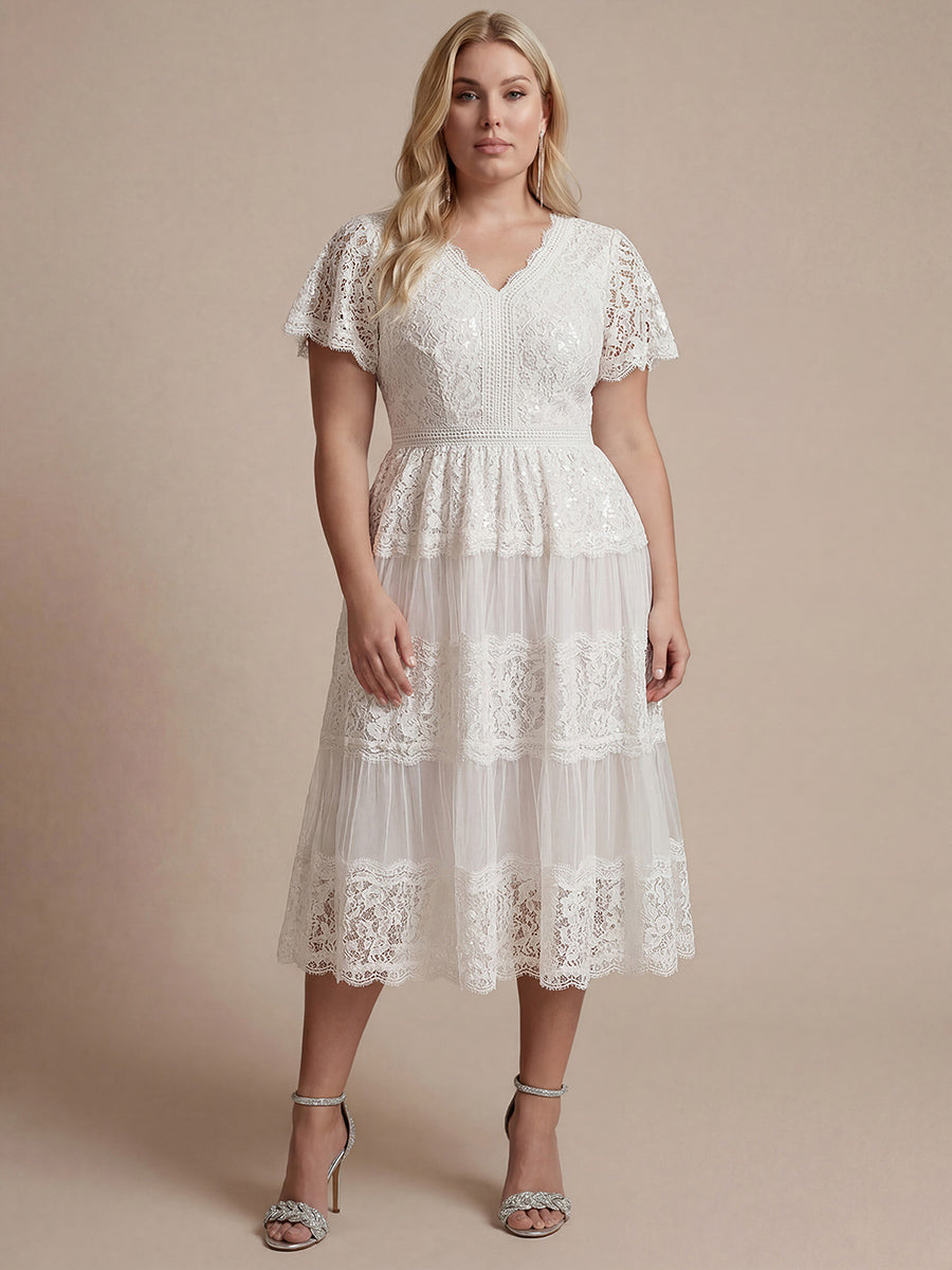Robe en tulle A-line longueur thé à manches courtes décolleté en V avec sequins #Couleur_Blanc