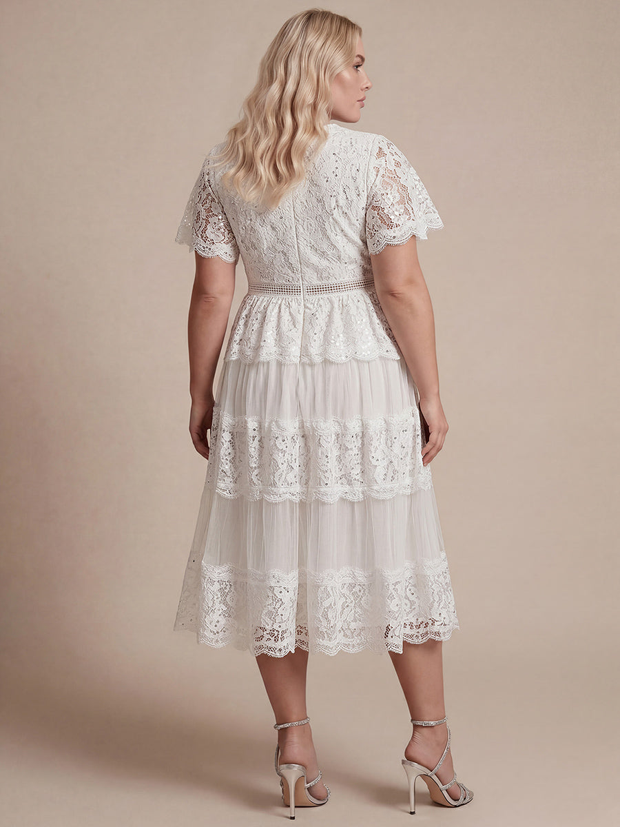 Robe en tulle A-line longueur thé à manches courtes décolleté en V avec sequins #Couleur_Blanc