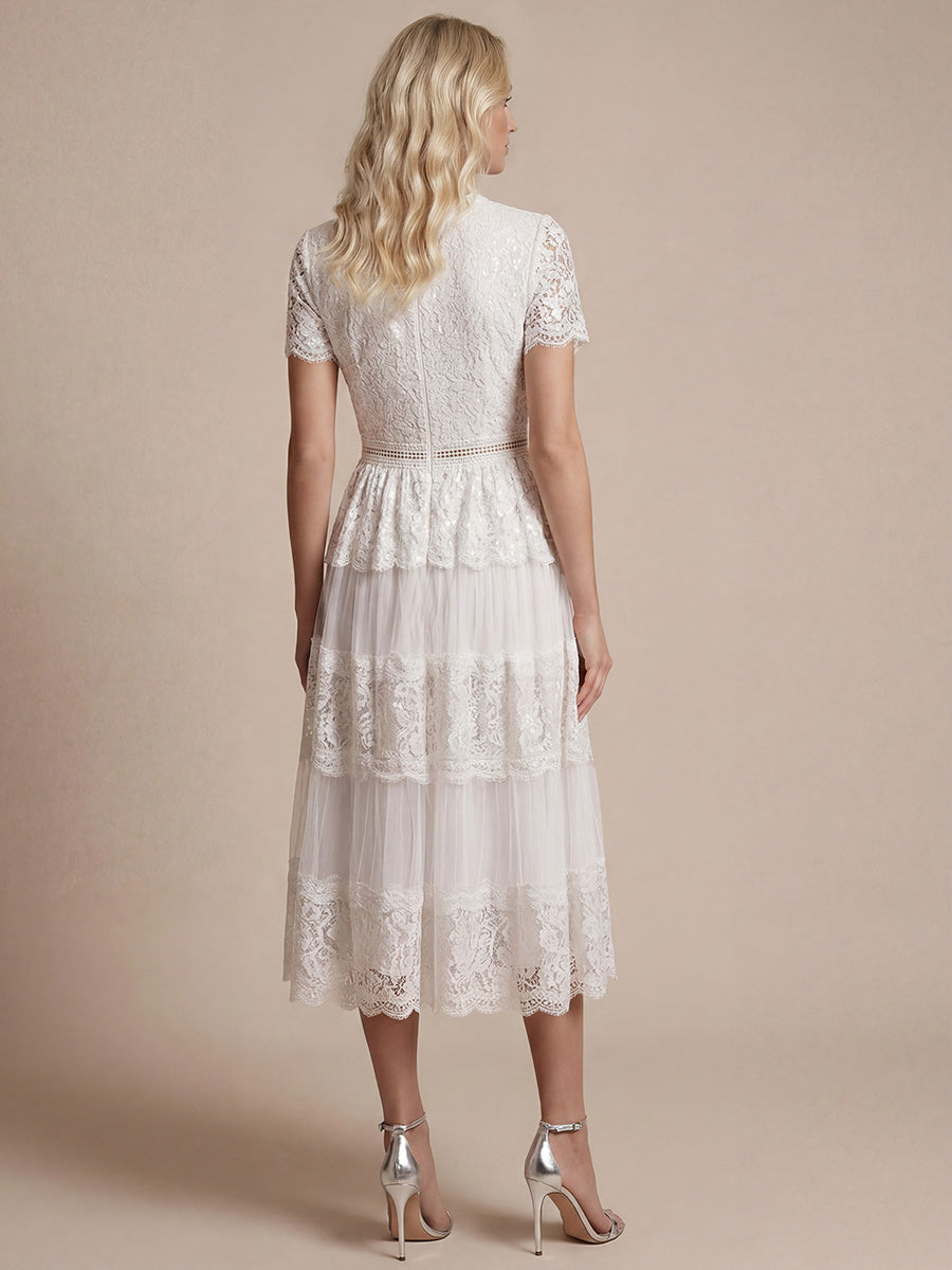 Robe en tulle A-line longueur thé à manches courtes décolleté en V avec sequins #Couleur_Blanc