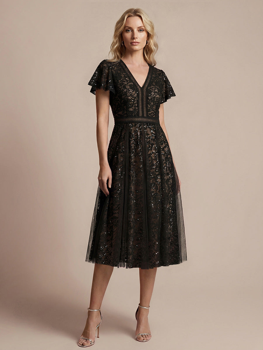 robe midi évasée en tulle avec manches courtes décolleté en V et volants #Couleur_Noir