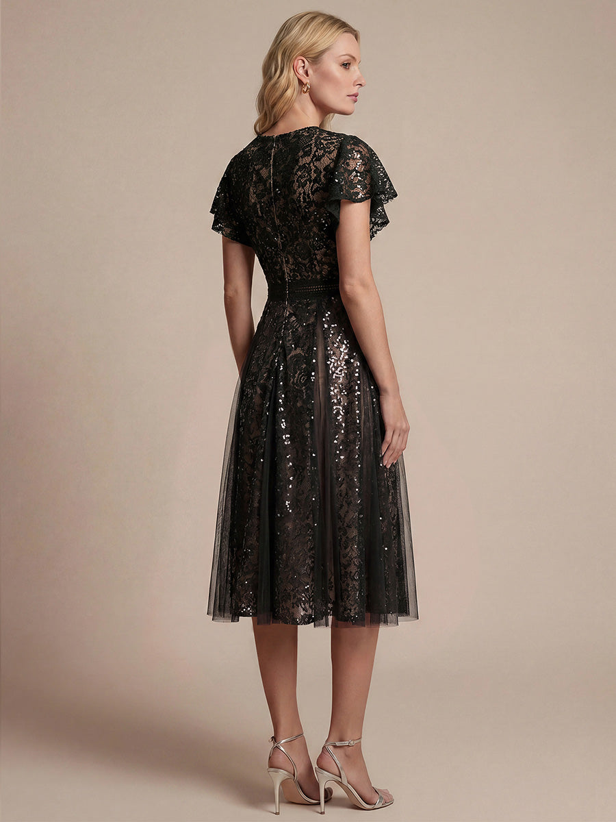 robe midi évasée en tulle avec manches courtes décolleté en V et volants #Couleur_Noir
