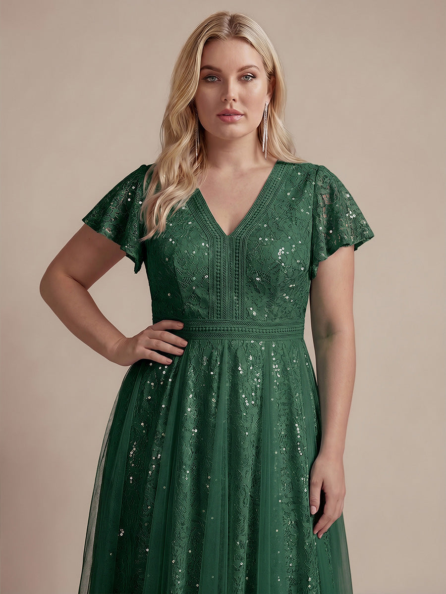 robe midi évasée en tulle avec manches courtes décolleté en V et volants #Couleur_Vert Fonce