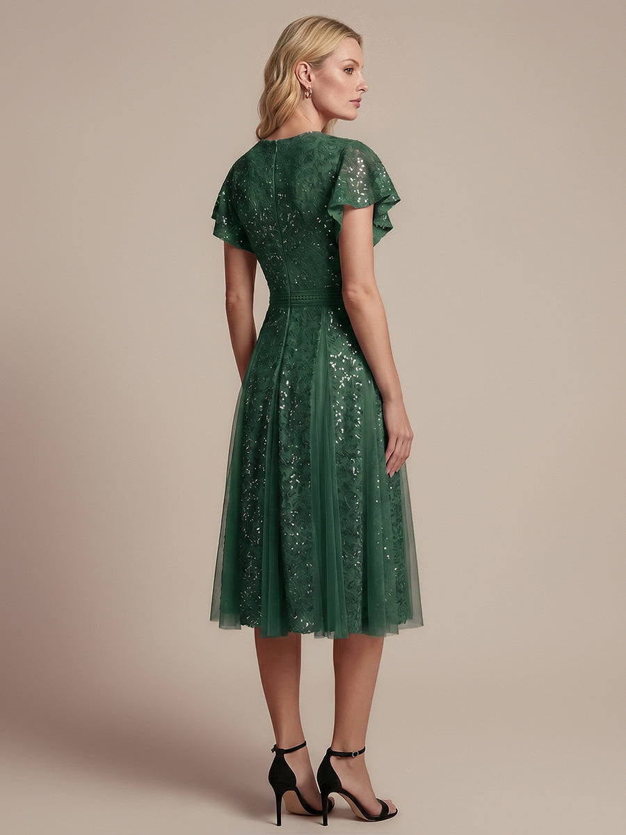 robe midi évasée en tulle avec manches courtes décolleté en V et volants #Couleur_Vert Fonce