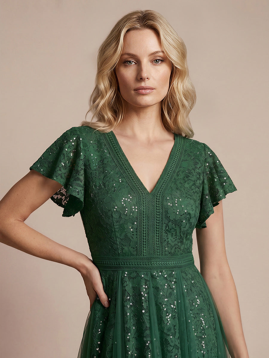 robe midi évasée en tulle avec manches courtes décolleté en V et volants #Couleur_Vert Fonce