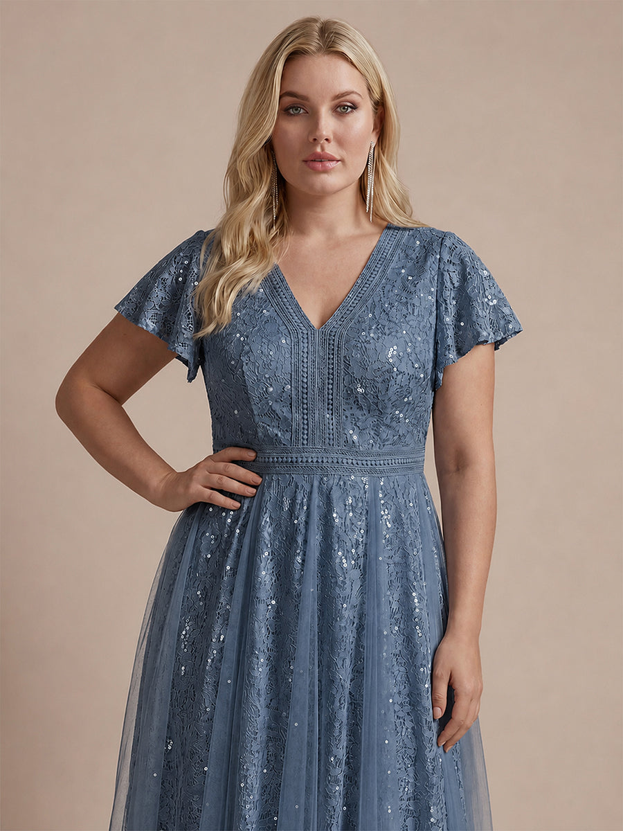 robe midi évasée en tulle avec manches courtes décolleté en V et volants #Couleur_Marine Fume