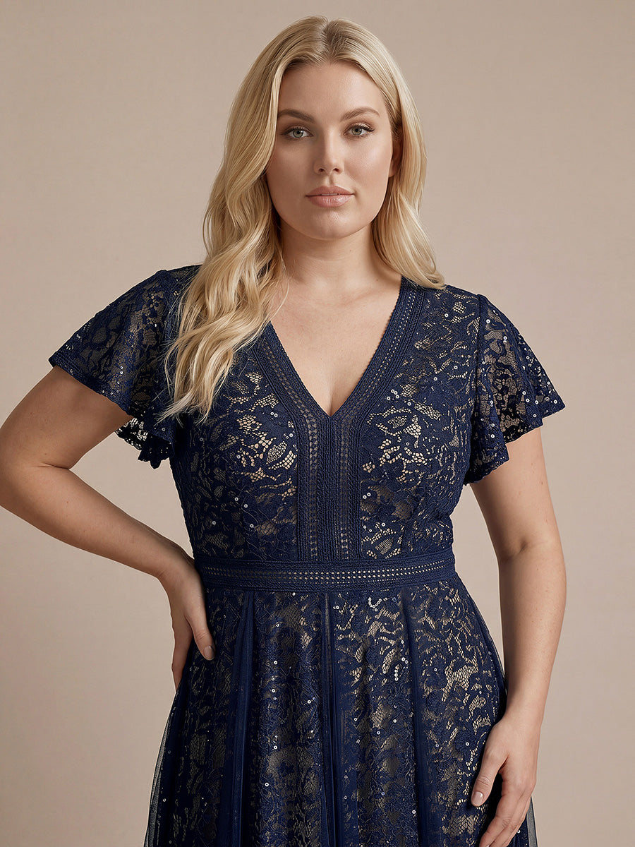 robe midi évasée en tulle avec manches courtes décolleté en V et volants #Couleur_Bleu Marine