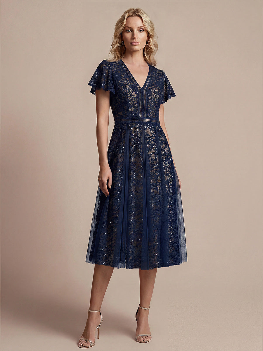 robe midi évasée en tulle avec manches courtes décolleté en V et volants #Couleur_Bleu Marine